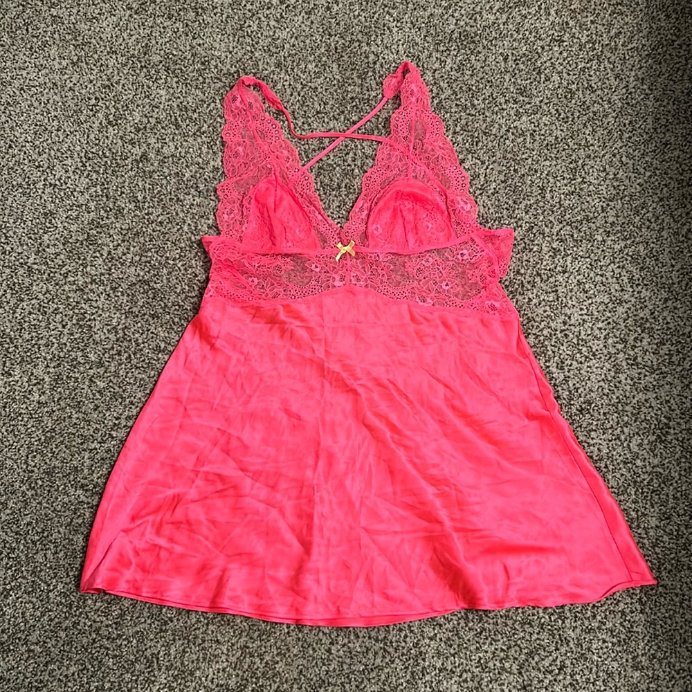 Victorias Secret hot pink satin and lace nighty. Size L